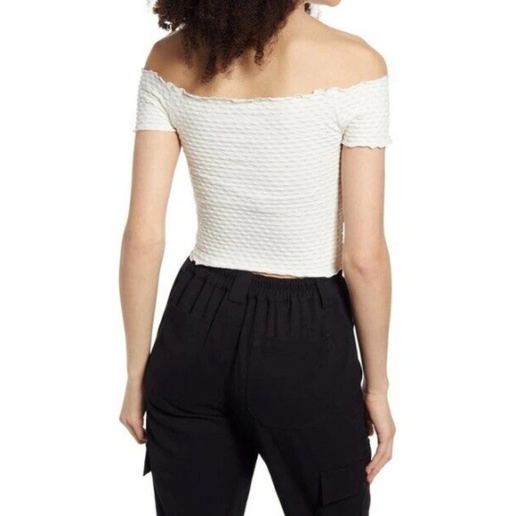 BP NWT Lettuce Hem Textured Stretch Off Shoulder Top Off White Sz 1X Cropped - Picture 2 of 7